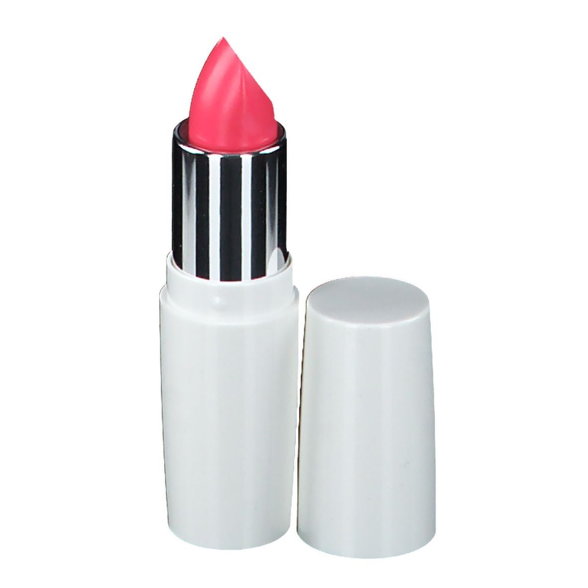 Rossetto rosa chiaro in un contenitore bianco con cappuccio aperto. Il rossetto è visibile.