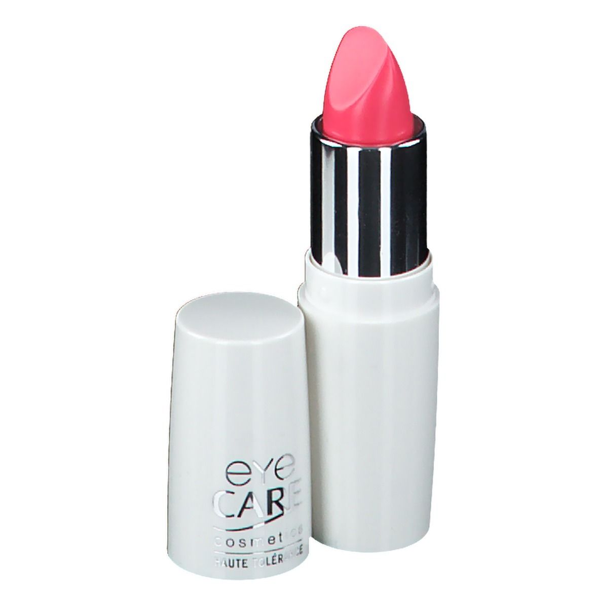 Rossetto rosa chiaro in un contenitore bianco con cappuccio aperto. Il rossetto è visibile.
