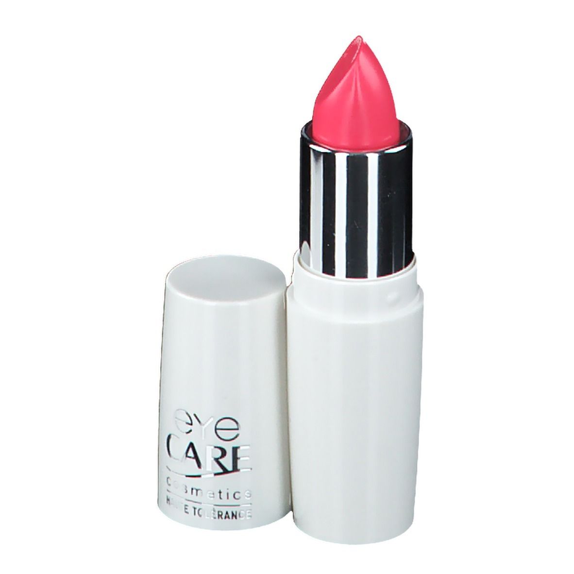 Rossetto rosa chiaro in un contenitore bianco con cappuccio aperto. Il rossetto è visibile.