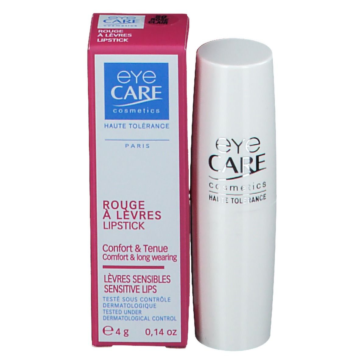 Rossetto rosa chiaro con confezione. Sulla confezione sono presenti le scritte 'Eye Care' e 'Rouge à Lèvres'.