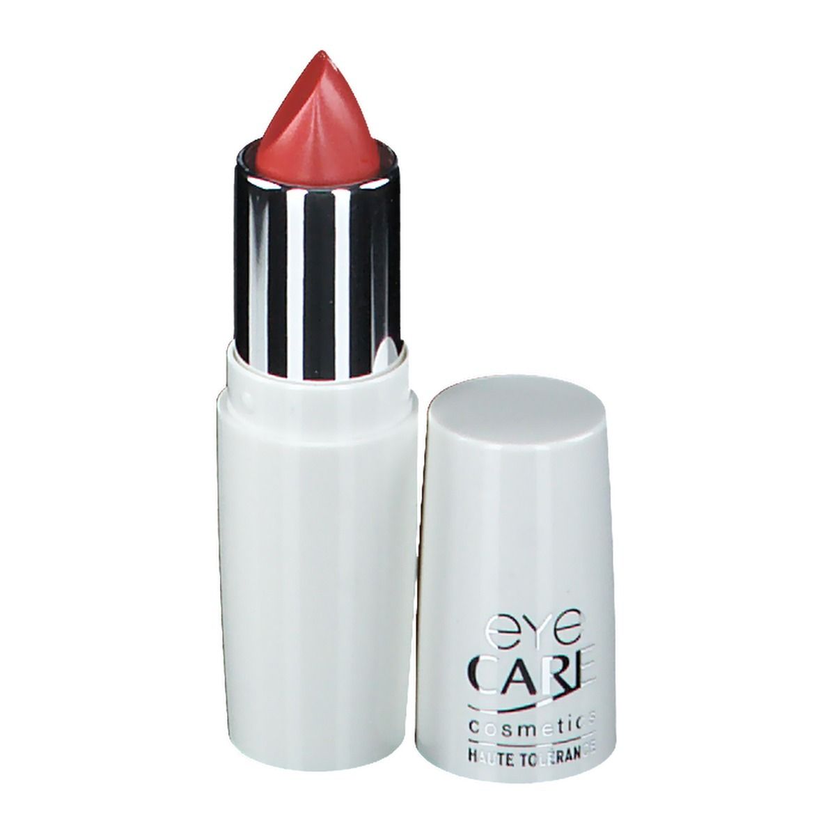 Rossetto con cappuccio aperto. Contenitore bianco, manicotto argentato, rossetto rosso. Eye Care Cosmetics.