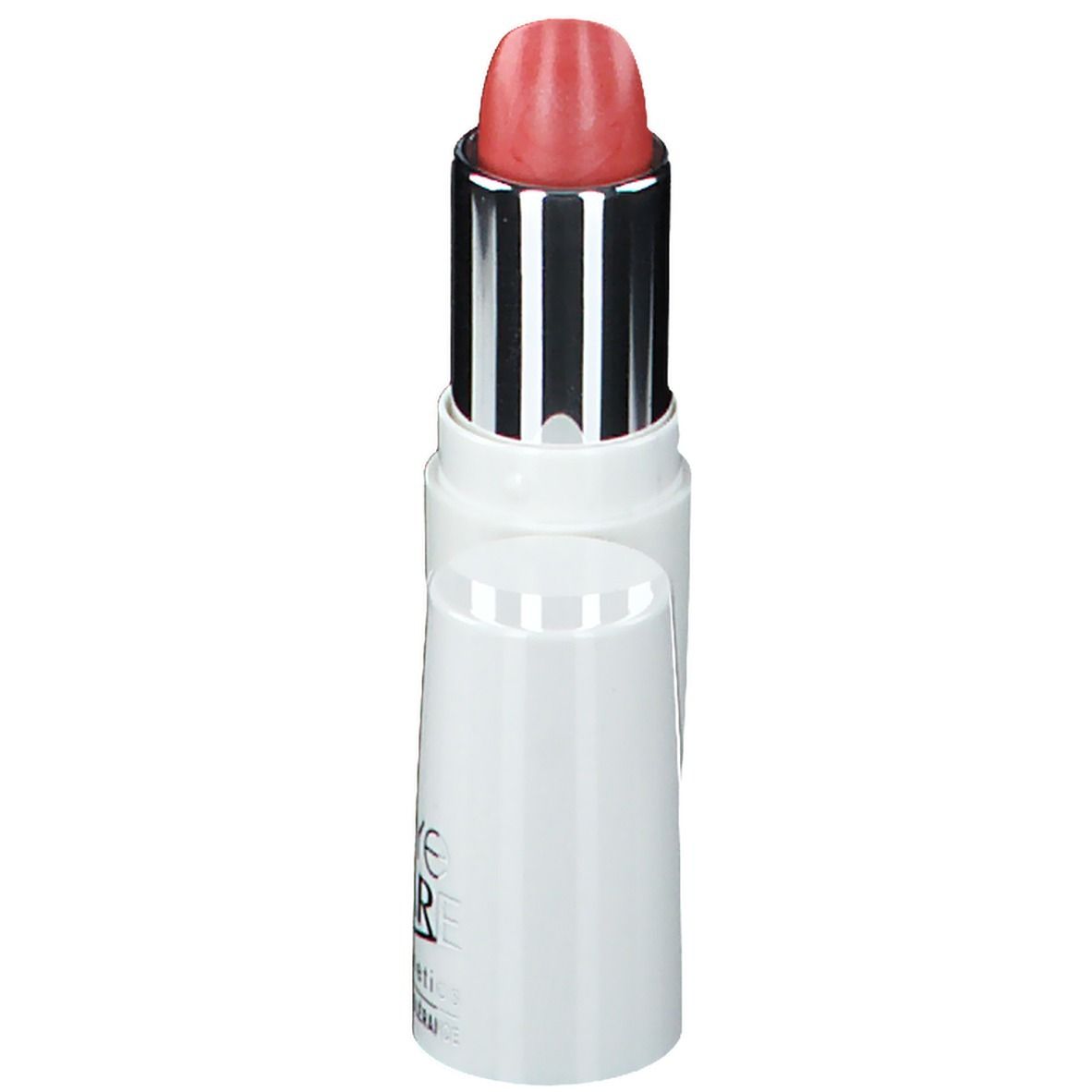 Rossetto con cappuccio aperto. Contenitore bianco, manicotto argentato, rossetto rosa. Eye Care Cosmetics.