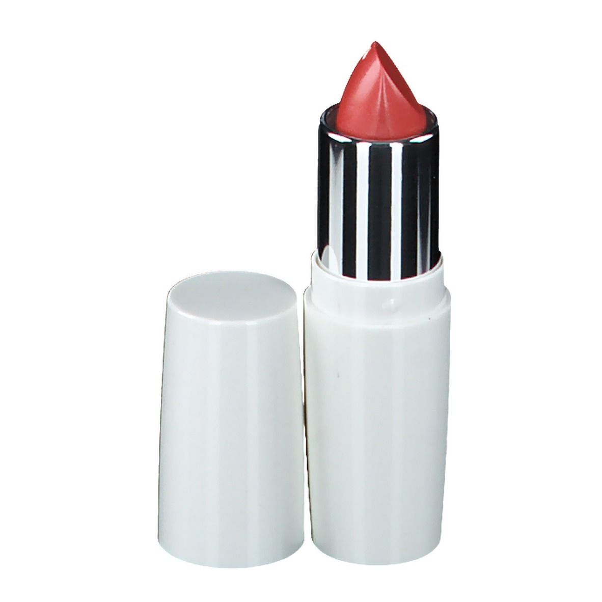 Rossetto con cappuccio aperto. Contenitore bianco, manicotto argentato, rossetto rosso. Eye Care Cosmetics.