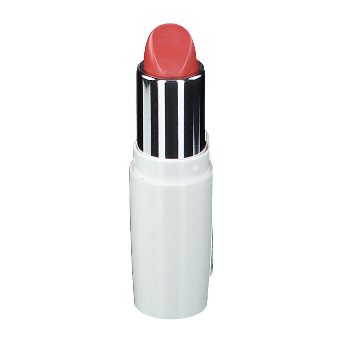 Rossetto con cappuccio aperto. Contenitore bianco, manicotto argentato, rossetto rosa. Eye Care Cosmetics.