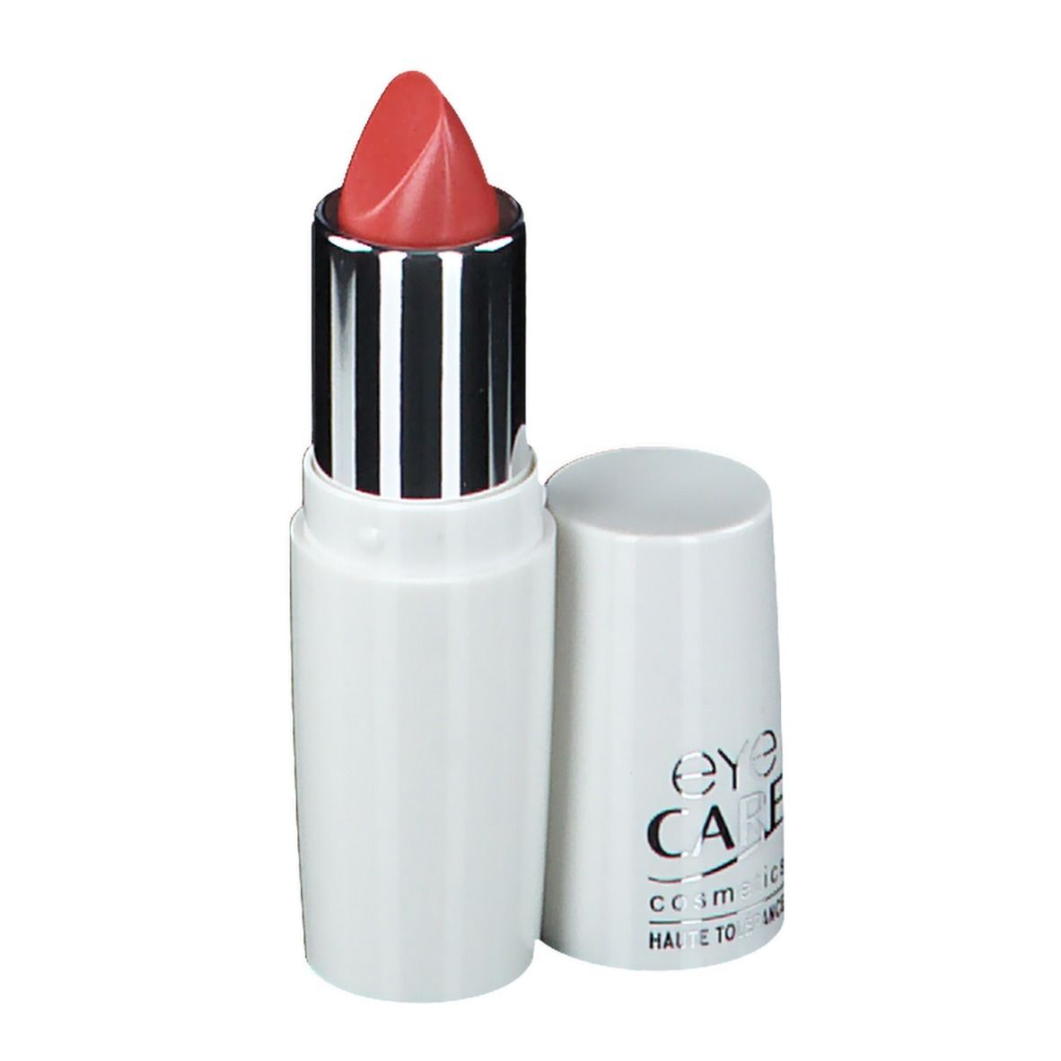 Rossetto con cappuccio aperto. Contenitore bianco, manicotto argentato, rossetto rosso. Eye Care Cosmetics.