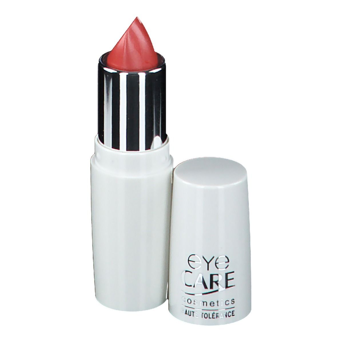 Rossetto con cappuccio aperto. Contenitore bianco, manicotto argentato, rossetto rosso. Eye Care Cosmetics.