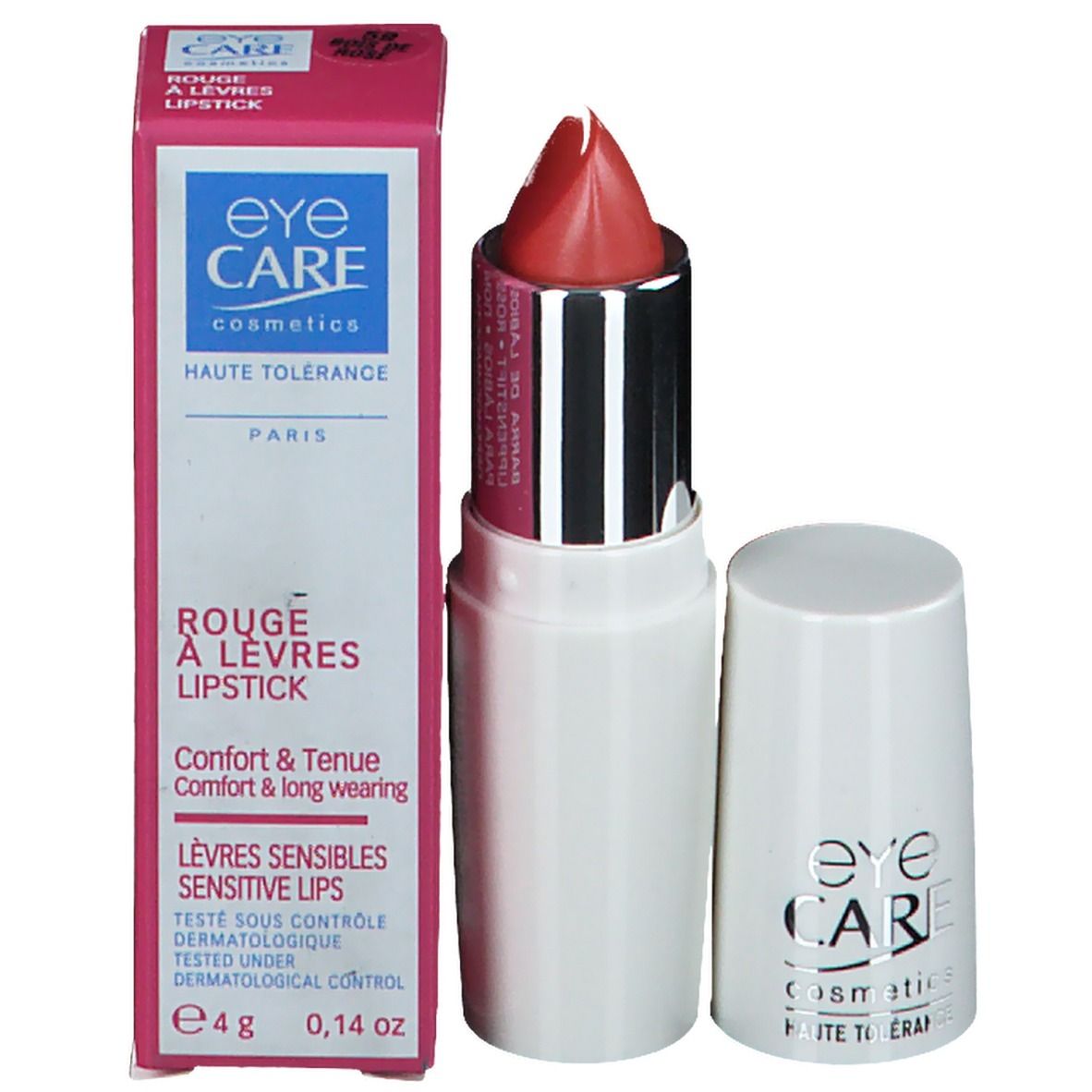 Rossetto con confezione. Contenitore bianco, manicotto argentato, rossetto rosso. Eye Care Cosmetics. Testo sulla confezione.