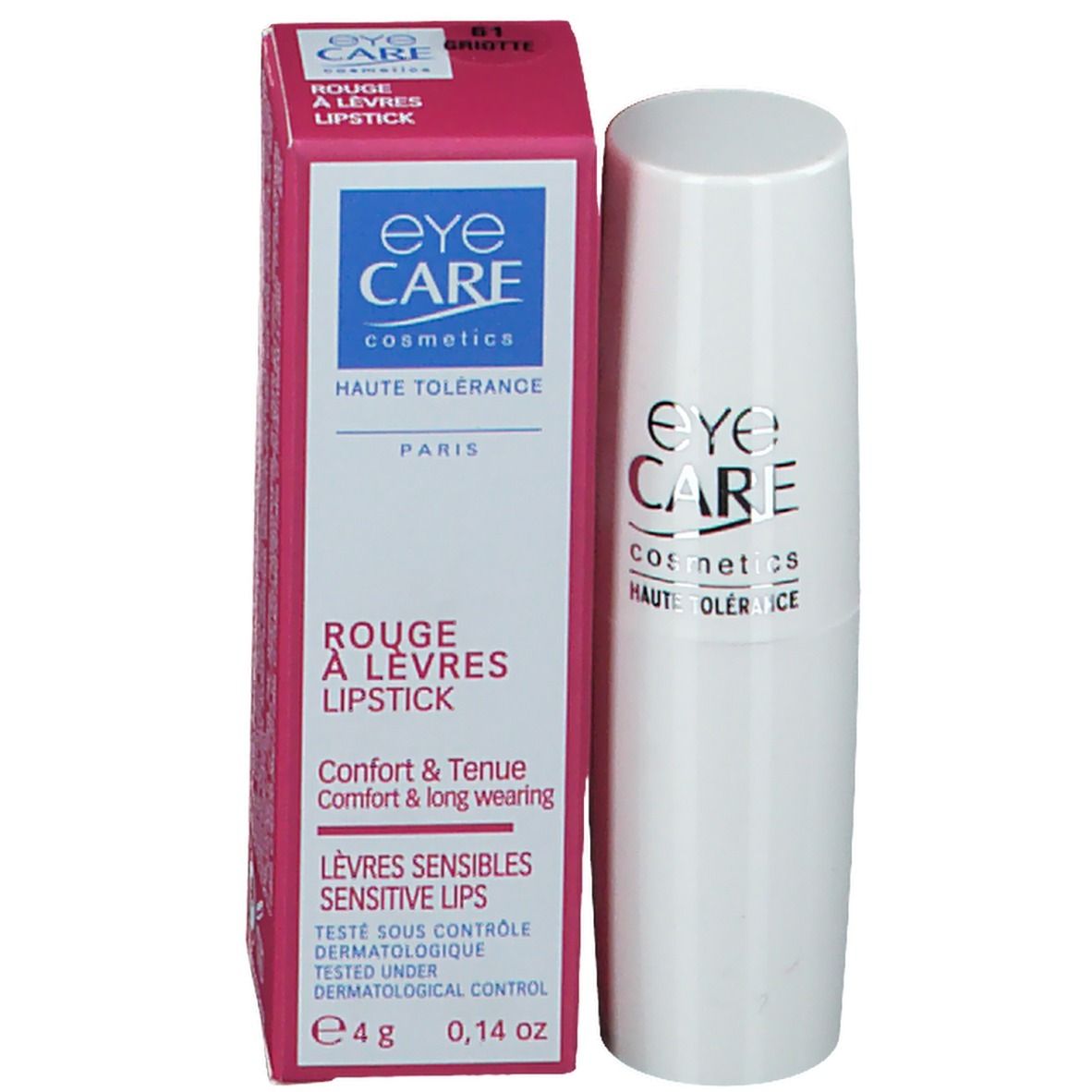 Rossetto bianco e confezione. Scritta: eyeCARE cosmetics, ROUGE À LÈVRES LIPSTICK.