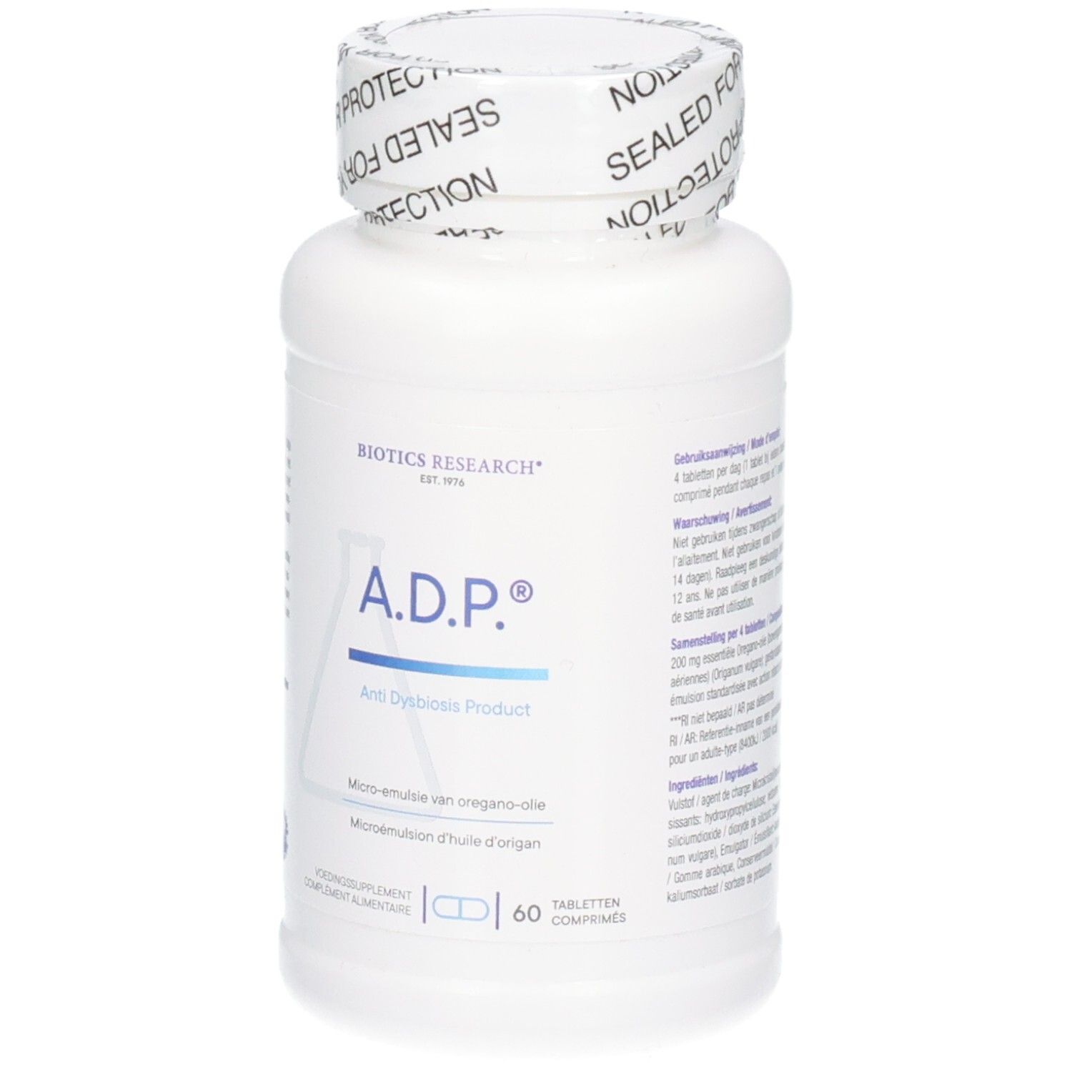 Flacone bianco con tappo bianco, sigillato per la tua protezione. Etichetta mostra ADP, Olio di origano, Biotics Research, 60 compresse.
