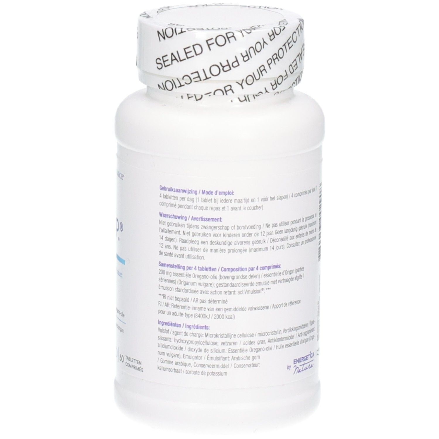 Flacone bianco con tappo bianco, sigillato per la tua protezione. Etichetta mostra ADP, Olio di origano, Biotics Research, 60 compresse.