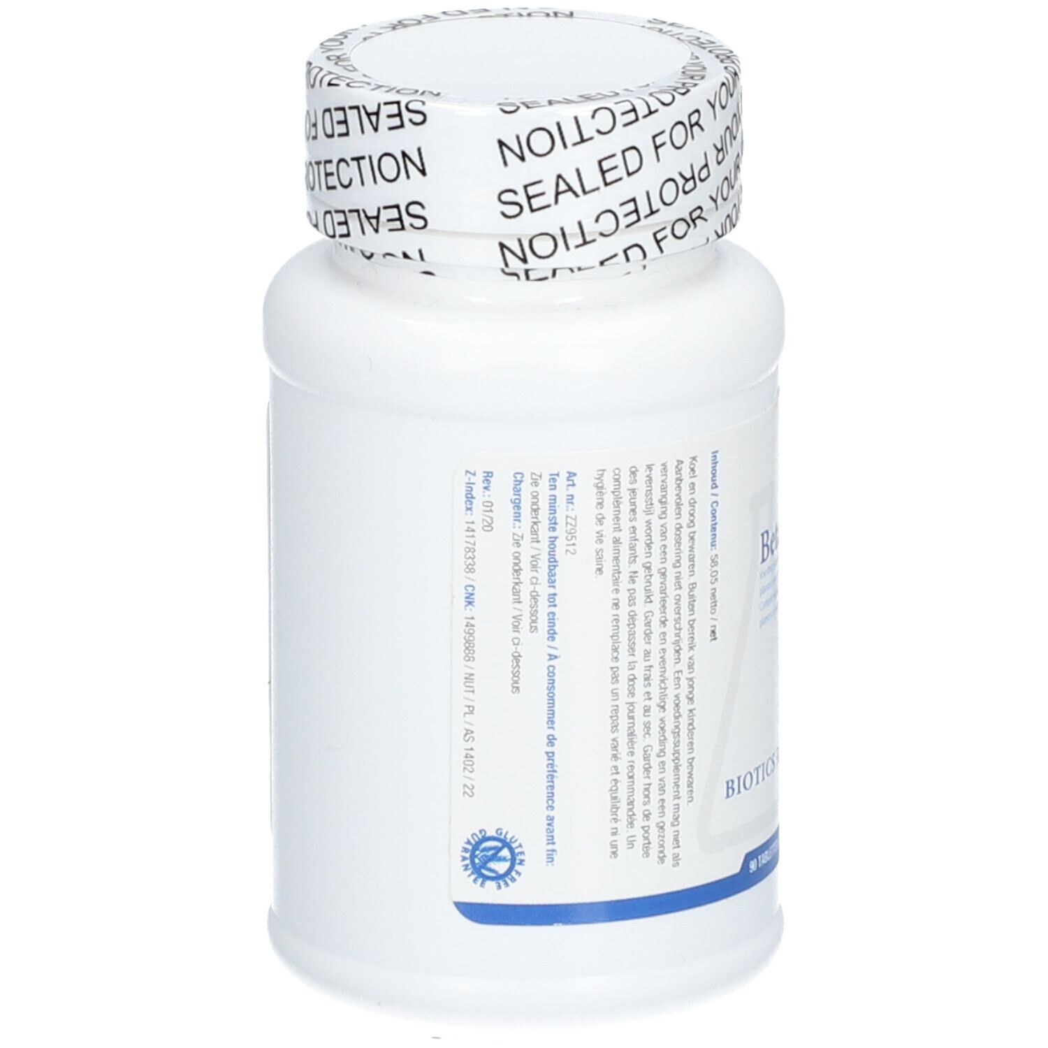 Retro di un flacone di compresse bianco con tappo a vite. Testo in più lingue. Biotics Research.