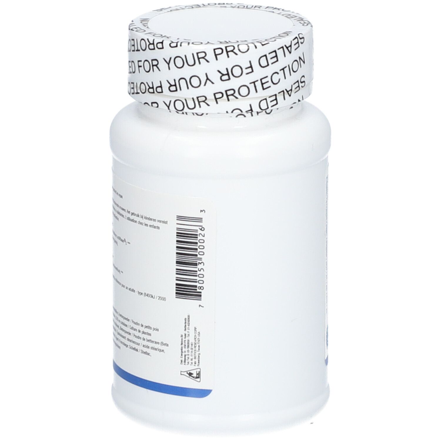 Flacone di compresse bianco con tappo a vite. Codice a barre e testo. Biotics Research.