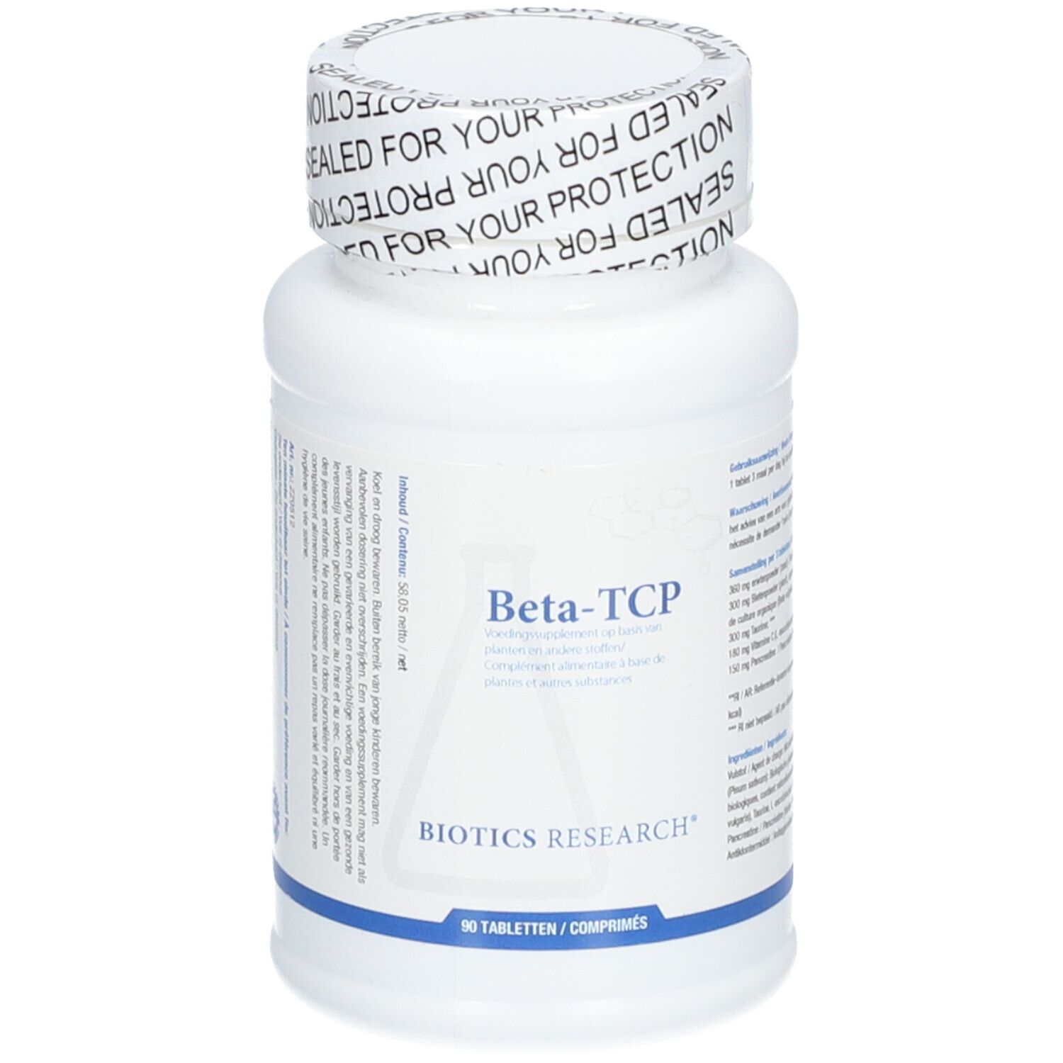 Flacone di compresse bianco con tappo a vite. Scritta Beta-TCP e Biotics Research. 90 compresse.