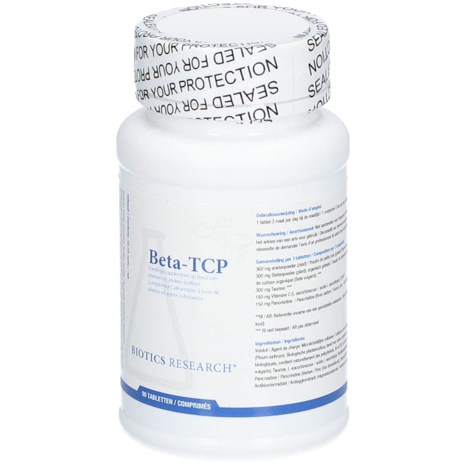Flacone di compresse bianco con tappo a vite. Scritta Beta-TCP e Biotics Research. 90 compresse.