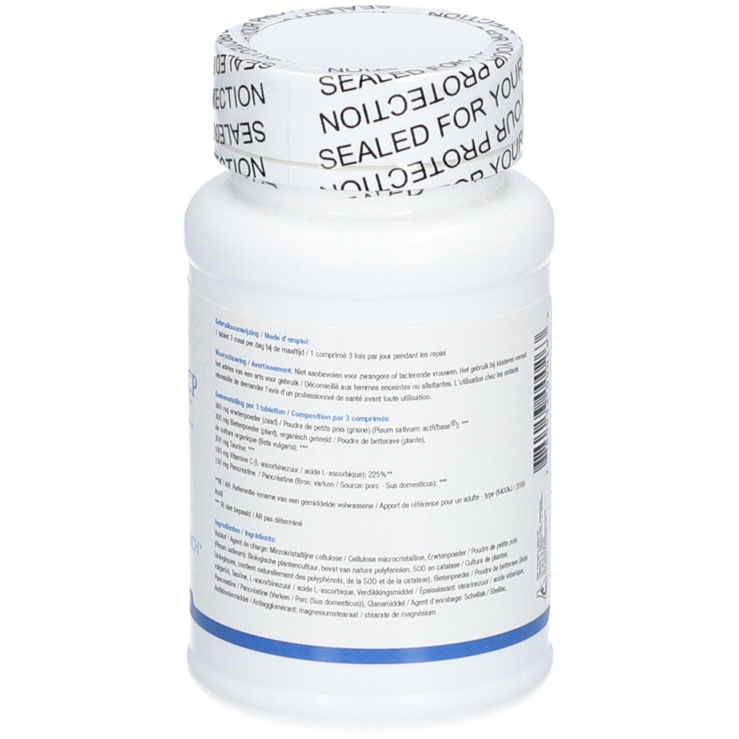 Flacone di compresse bianco con tappo a vite. Scritta Beta-TCP e Biotics Research. 90 compresse.