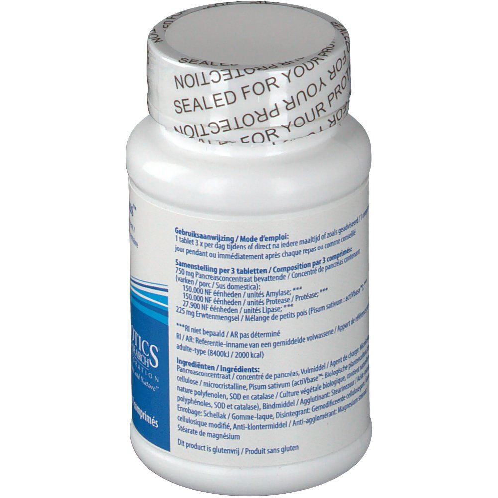 Retro del flacone bianco. Testo con ingredienti e dosaggio. Logo 'Biotics Research'. Tappo con 'SEALED FOR YOUR PROTECTION'.