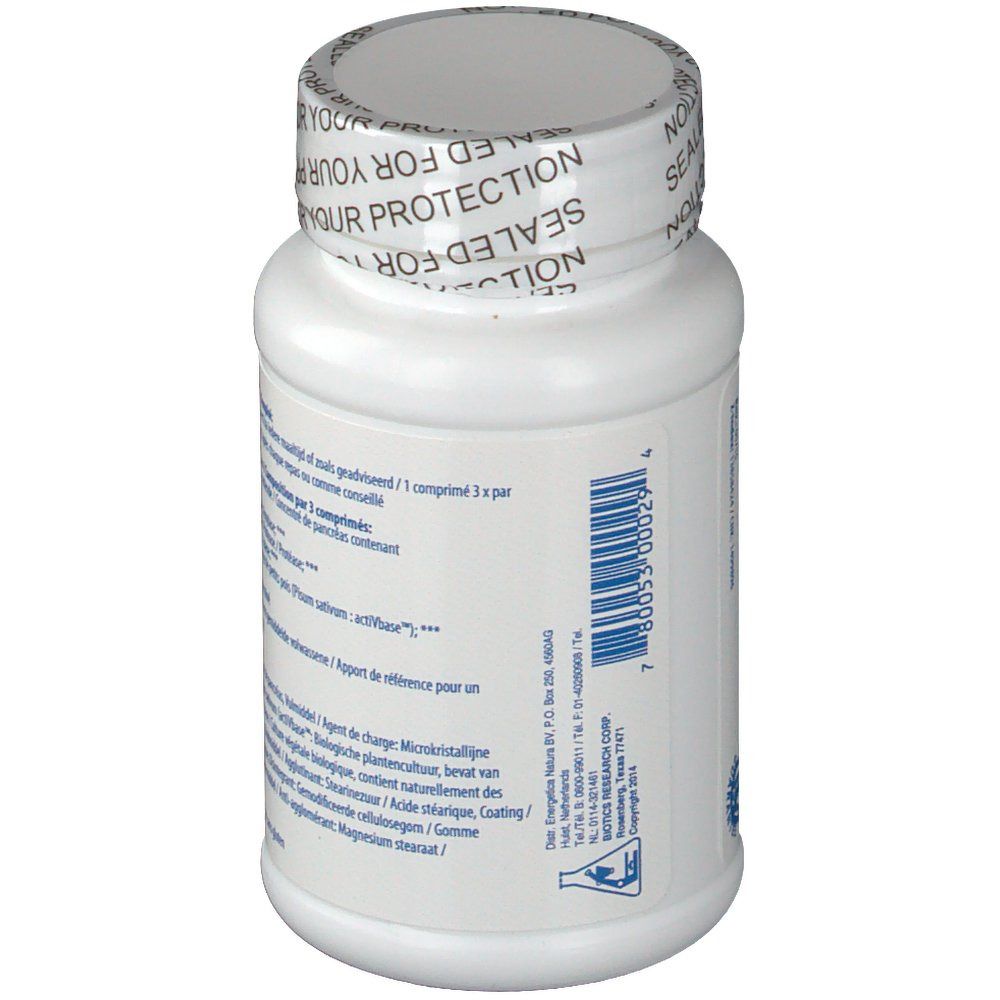 Retro del flacone bianco. Codice a barre e testo. Logo 'Biotics Research'. Tappo con 'SEALED FOR YOUR PROTECTION'.