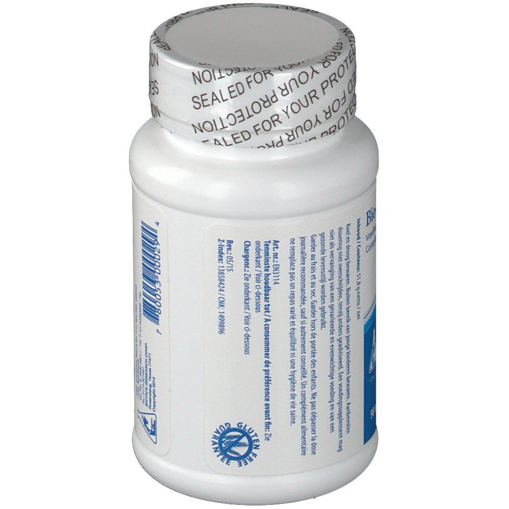 Flacone bianco, obliquo. Testo e codice a barre. Tappo con 'SEALED FOR YOUR PROTECTION'. Logo 'Biotics Research'.