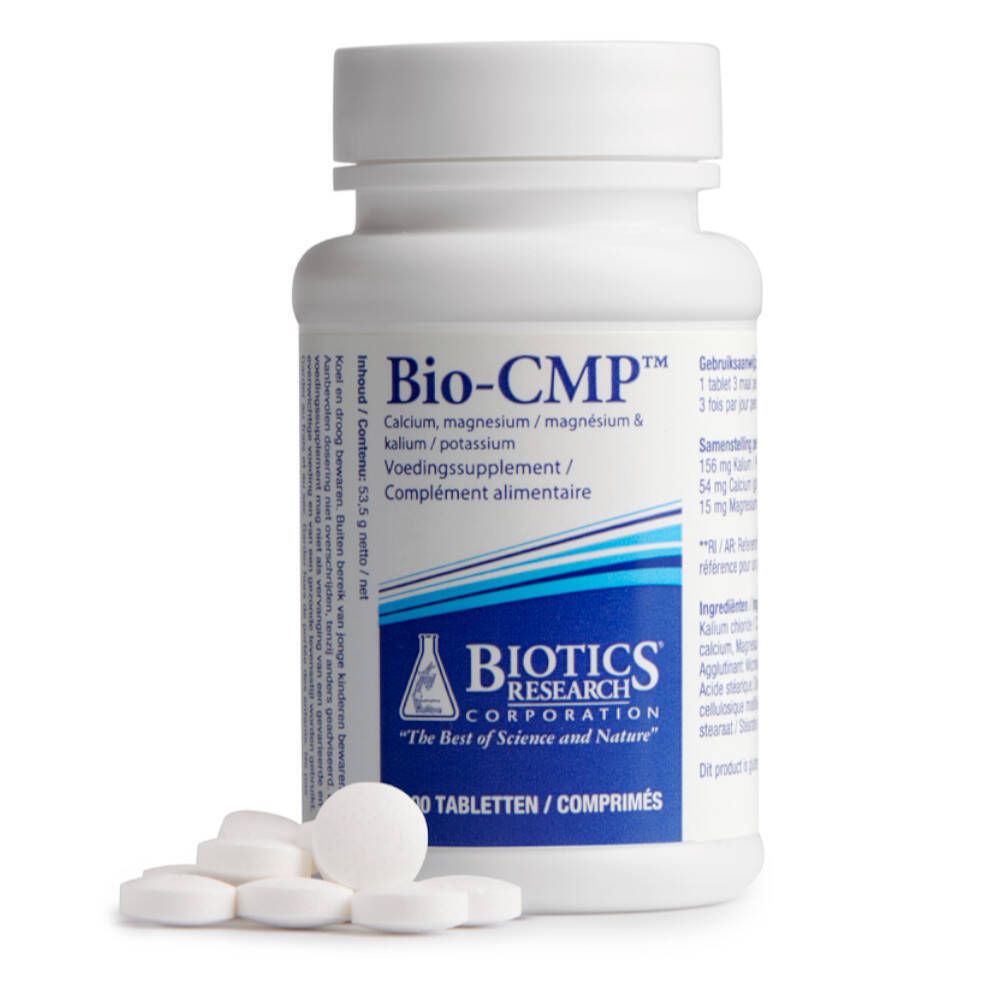 Compresse bianche accanto a un flacone bianco. Scritta: Bio-CMP. Marchio: Biotics Research. Flacone da 100 compresse.