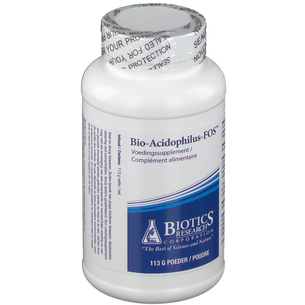 Flacone bianco con etichetta "Bio-Acidophilus-FOS". Logo blu Biotics Research Corporation. 113 g di polvere.