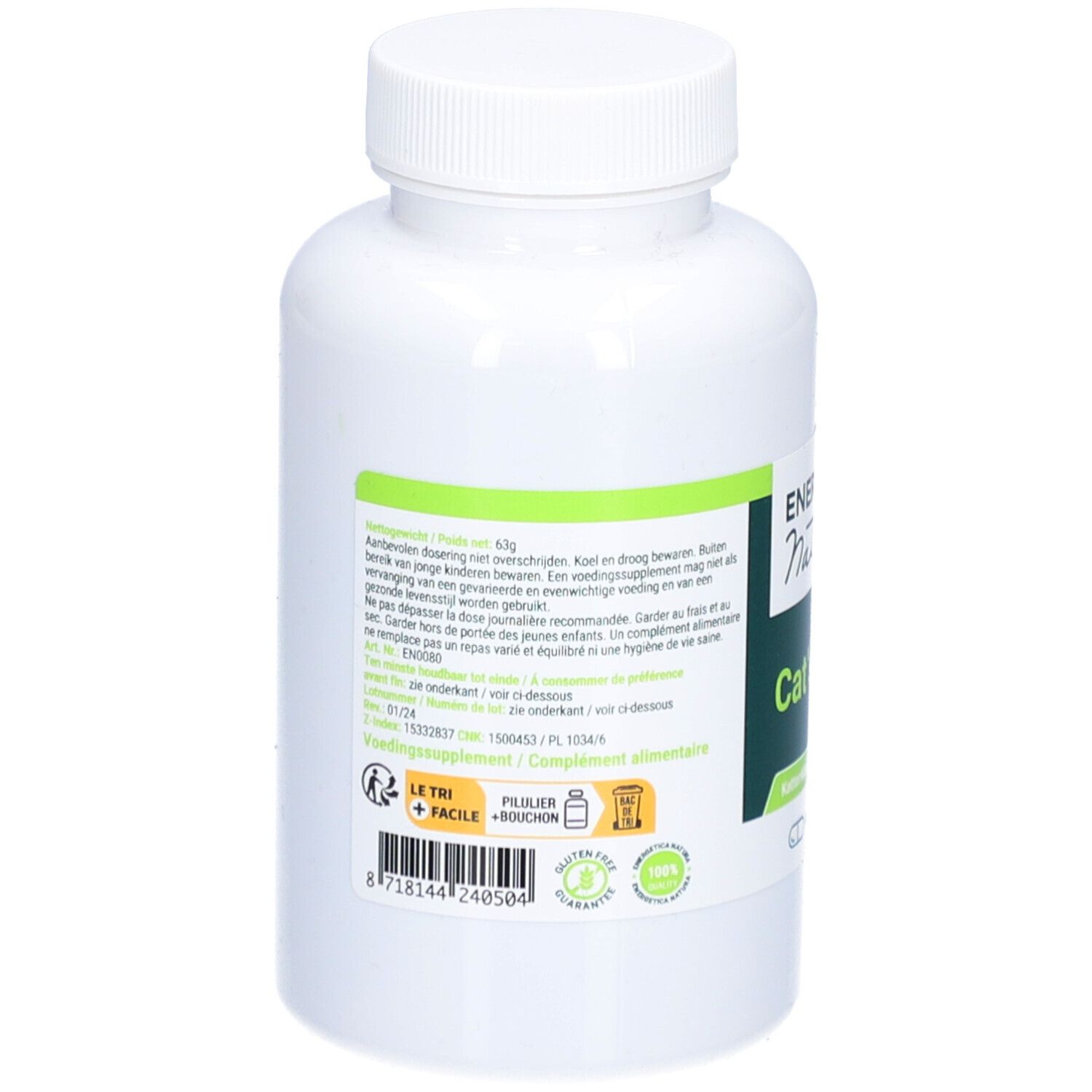 Flacone bianco con etichetta verde. Retro con testo. Scritta: Energetica Natura, Cat's Claw. Tappo in alto.