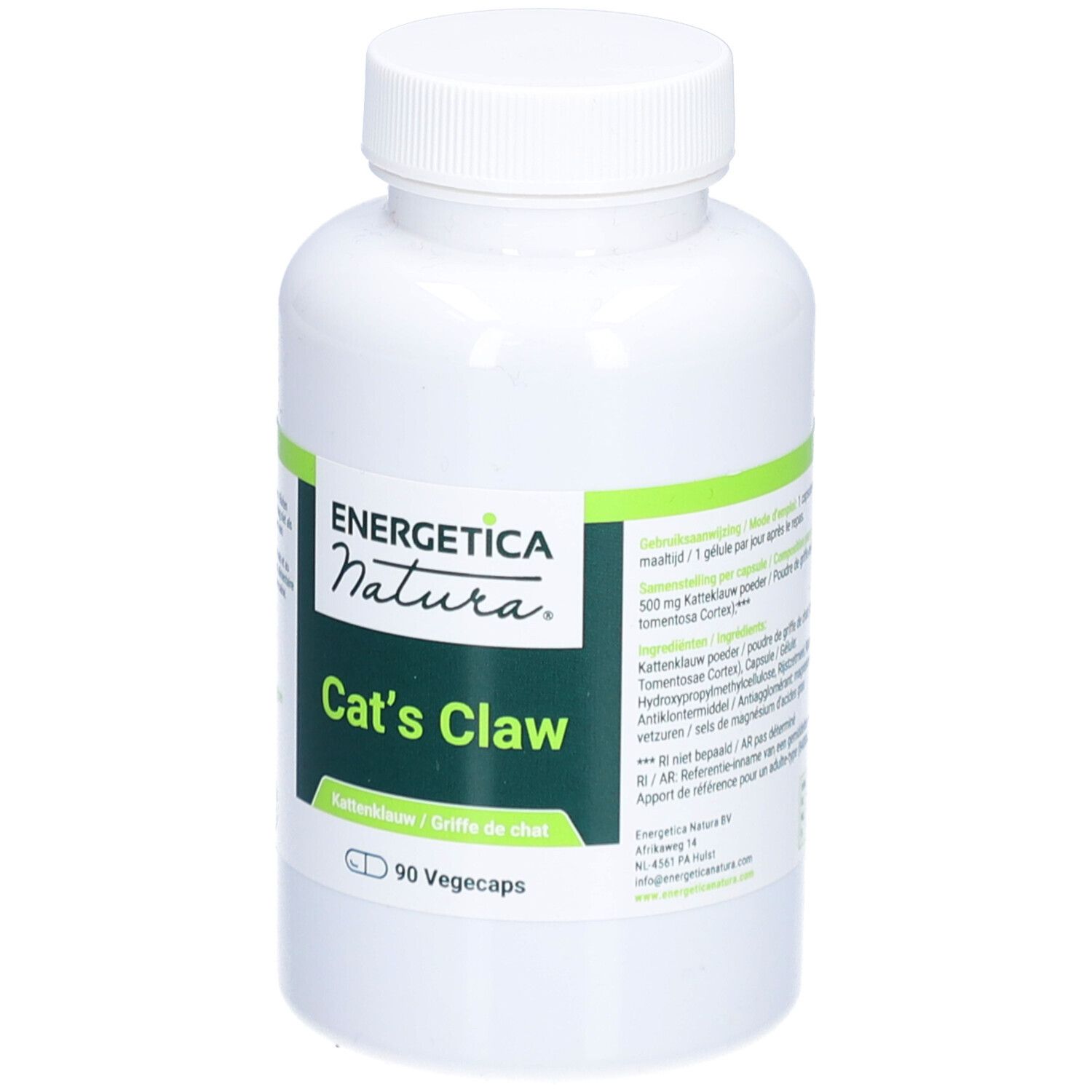 Flacone bianco con etichetta verde. Scritta: Energetica Natura, Cat's Claw, 90 Vegecaps. Tappo in alto.