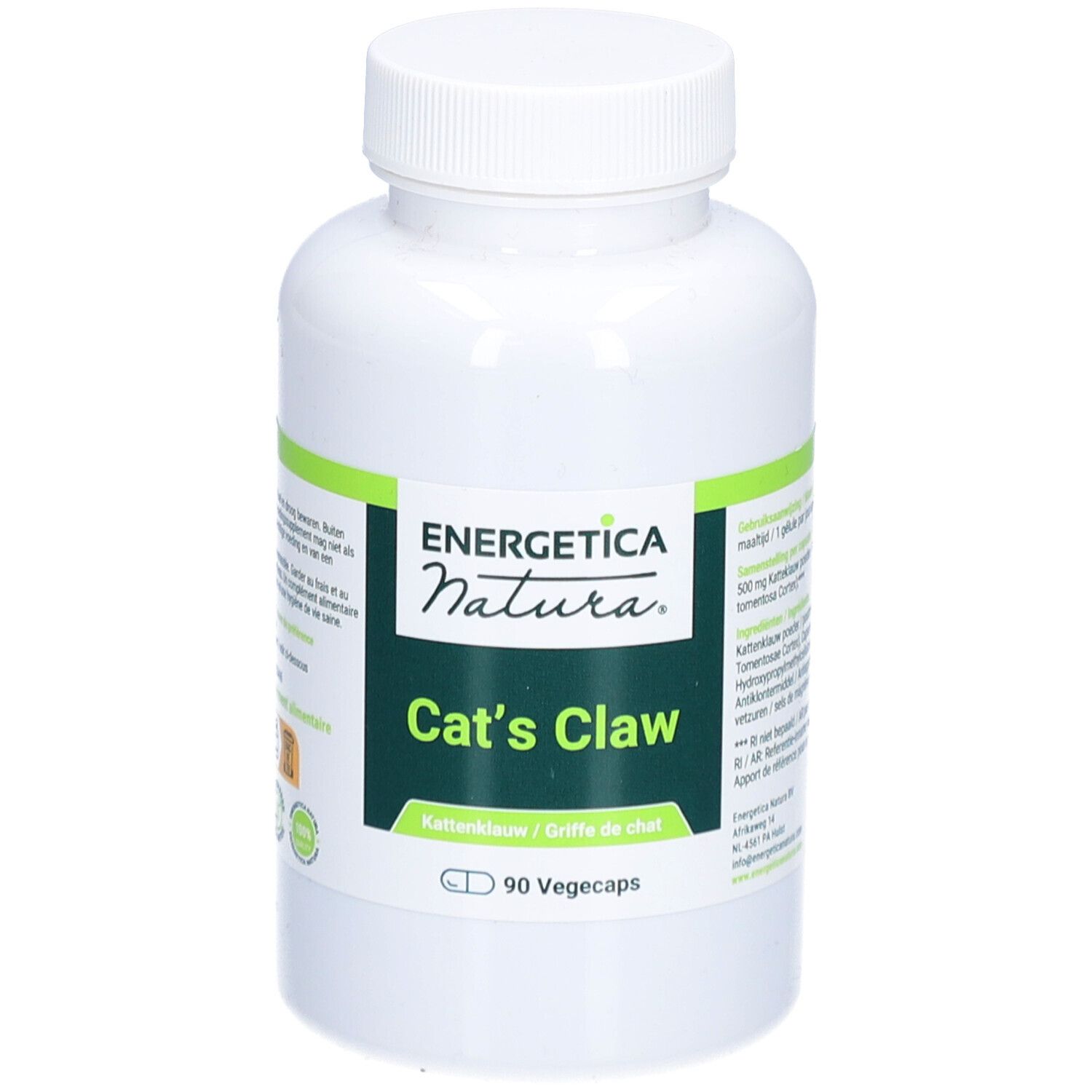 Flacone bianco con etichetta verde. Scritta: Energetica Natura, Cat's Claw, 90 Vegecaps. Tappo in alto.