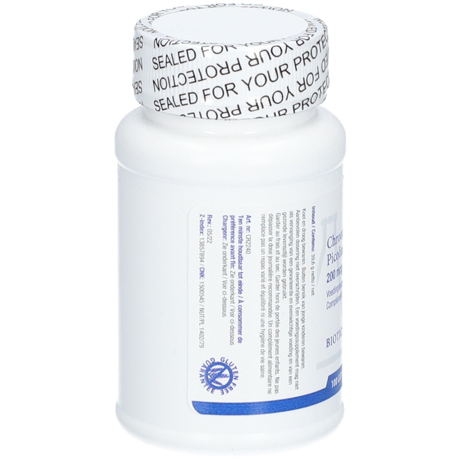 Flacone bianco con tappo a vite. Sul tappo: SEALED FOR YOUR PROTECTION. Informazioni sul prodotto sul flacone.