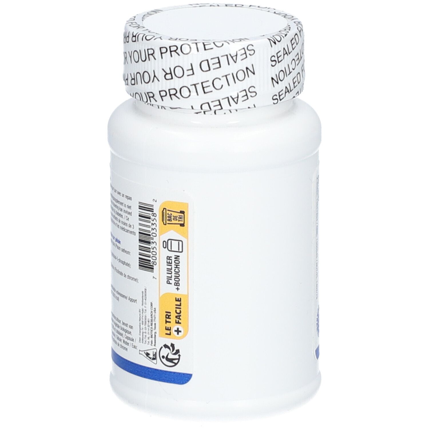 Flacone bianco con tappo a vite. Sul tappo: SEALED FOR YOUR PROTECTION. Informazioni sul prodotto sul flacone.