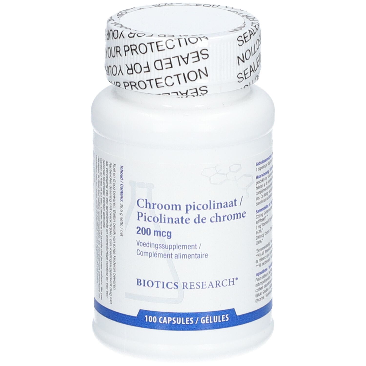 Flacone bianco con tappo a vite. Etichetta: Chrom picolinaat/Picolinate de chrome 200 mcg. Marchio: BIOTICS RESEARCH.