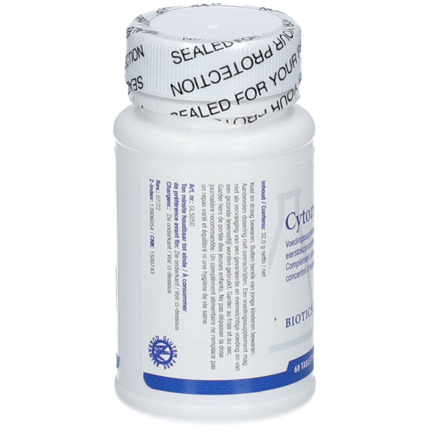 Flacone bianco con etichetta. Testo: Cytozyme-O, Biotics Research. Stampa: 60 compresse. Tappo con stampa.