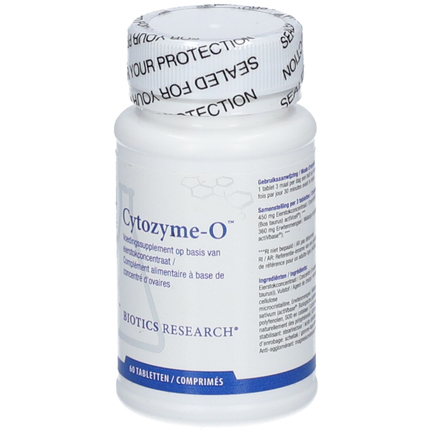 Flacone bianco con etichetta. Testo: Cytozyme-O, Biotics Research. Stampa: 60 compresse. Istruzioni per l'uso.