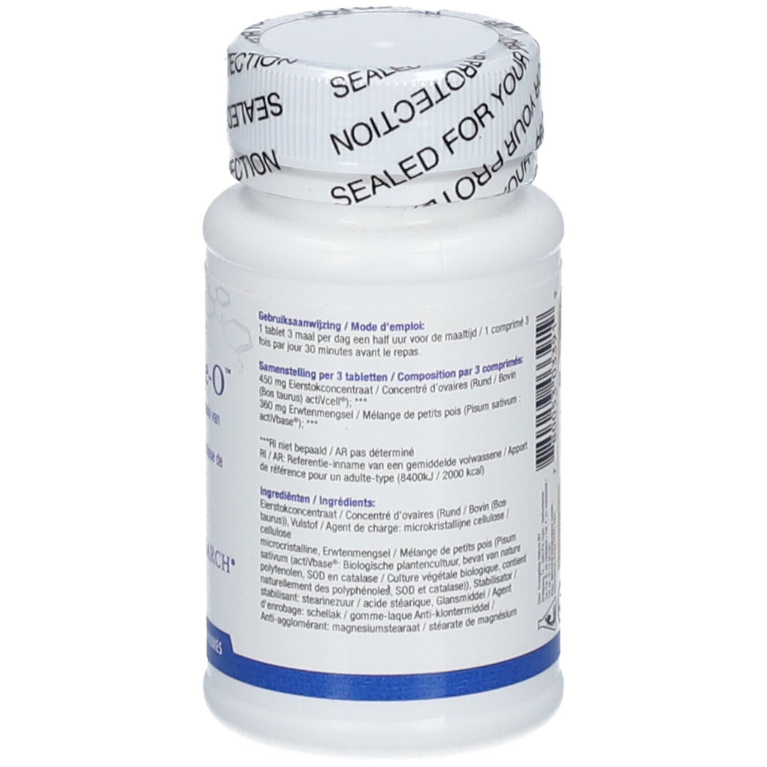 Flacone bianco con etichetta. Testo: Cytozyme-O, Biotics Research. Stampa: 60 compresse. Elenco ingredienti.