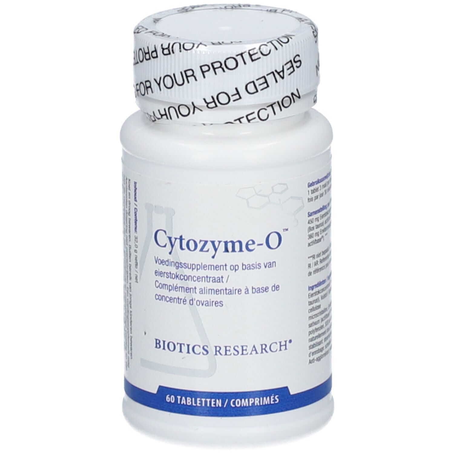 Flacone bianco con etichetta. Testo: Cytozyme-O, Biotics Research. Stampa: 60 compresse. Sigillo sul coperchio.