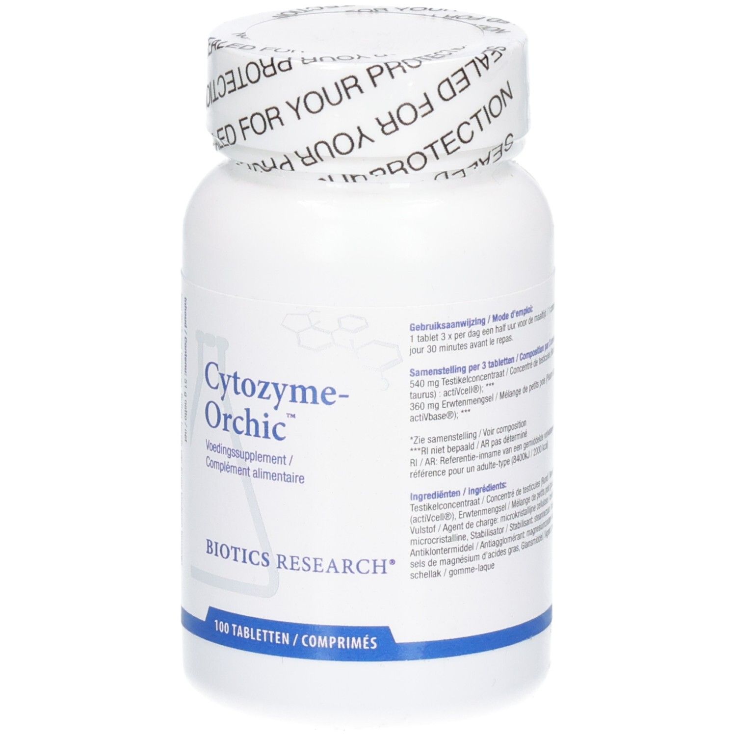 Flacone bianco con etichetta Cytozyme-Orchic. Contiene 100 compresse. Logo Biotics Research.