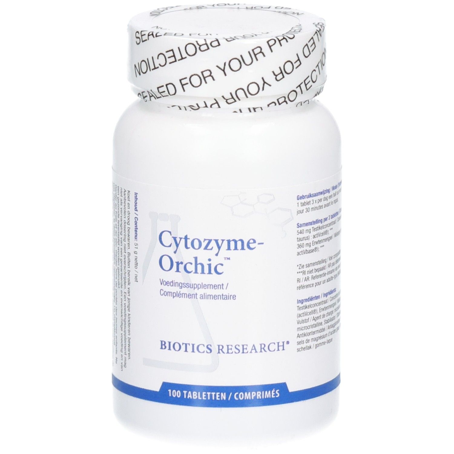 Flacone bianco con etichetta Cytozyme-Orchic. Contiene 100 compresse. Logo Biotics Research.