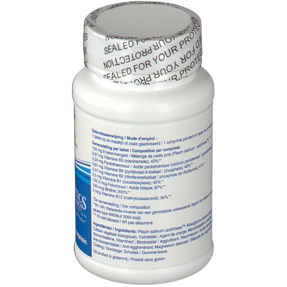 Retro del flacone di compresse bianco. Testo su etichetta blu e bianca. Contiene ingredienti e dosaggio.