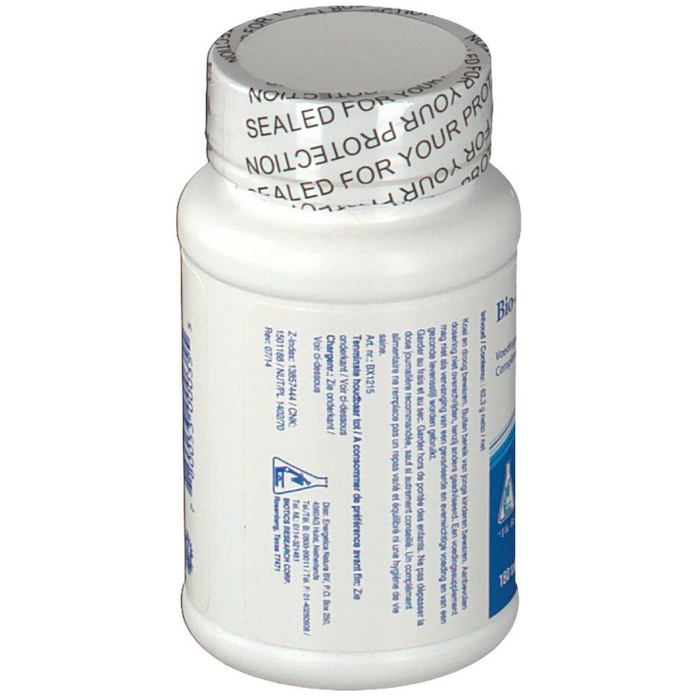 Flacone di compresse bianco con testo su etichetta blu e bianca. Informazioni produttore e logo.