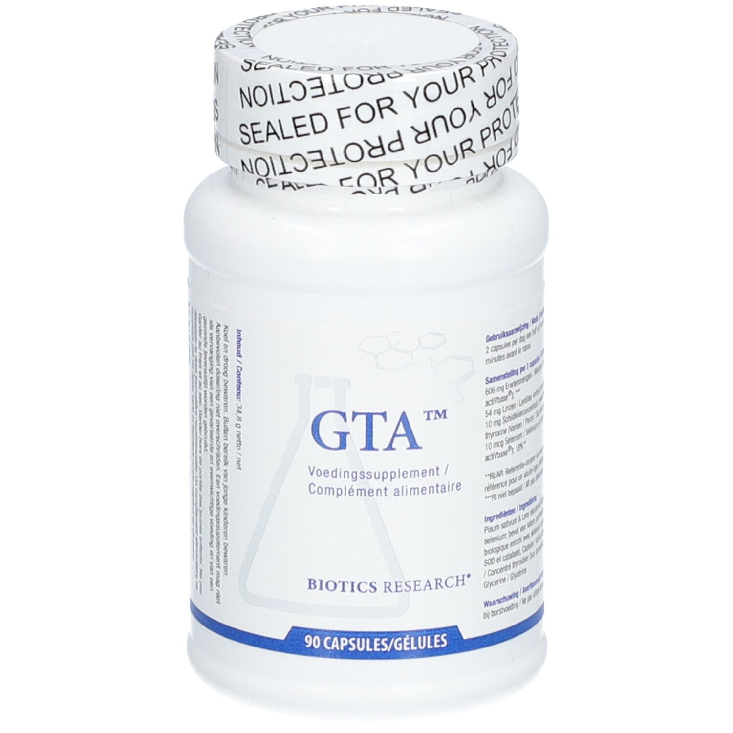 Flacone bianco con capsule. Scritta: GTA™, Voedingssupplement/Complément alimentaire, BIOTICS RESEARCH. 90 capsule.