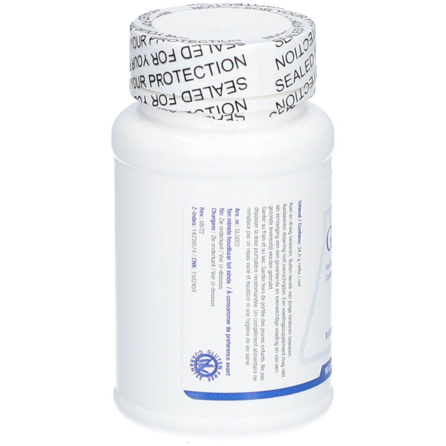 Retro del flacone bianco. Testo multilingue. Scritta: GTA™. BIOTICS RESEARCH. Sigillo.