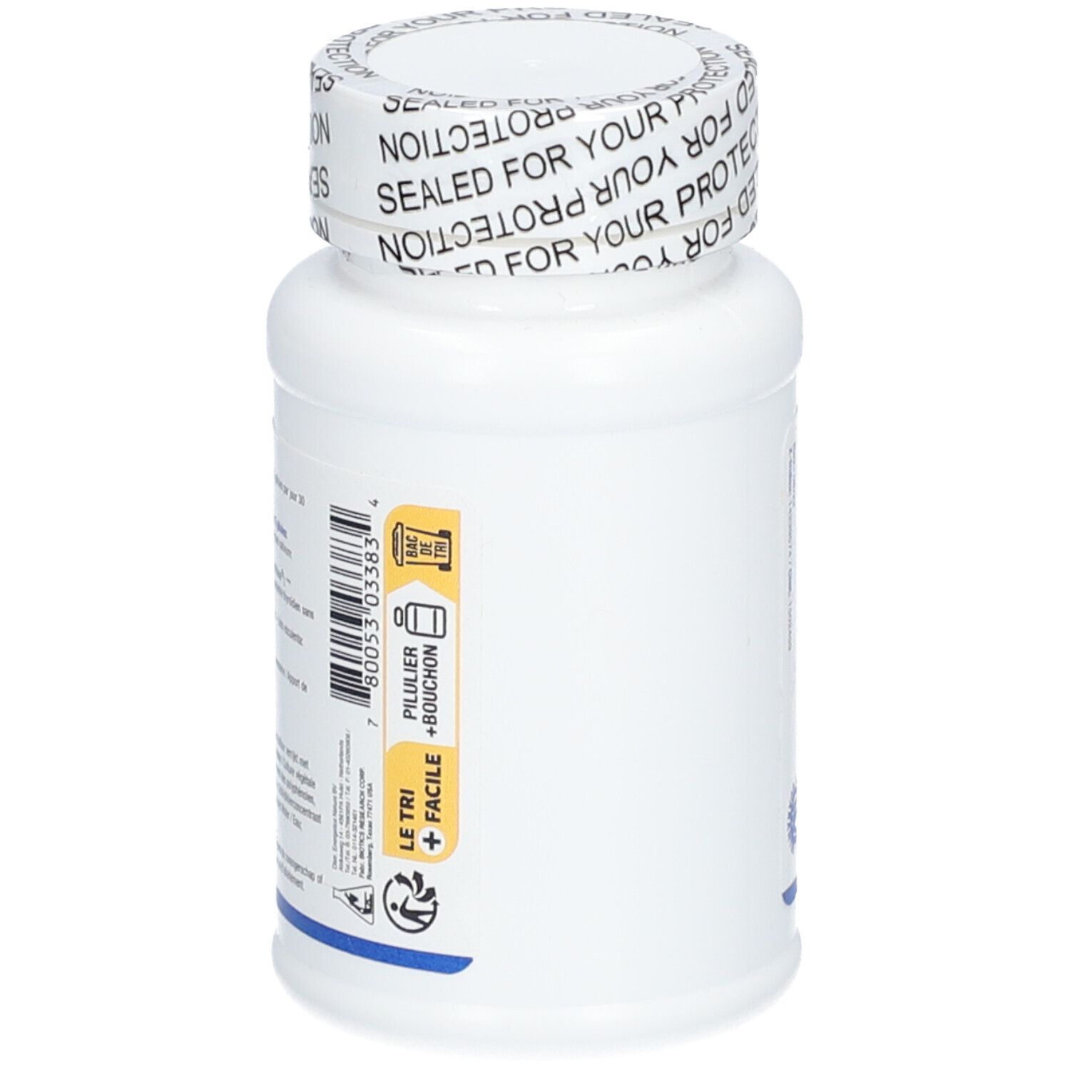 Retro del flacone bianco. Testo multilingue. Scritta: GTA™. BIOTICS RESEARCH. Sigillo. Pittogrammi.