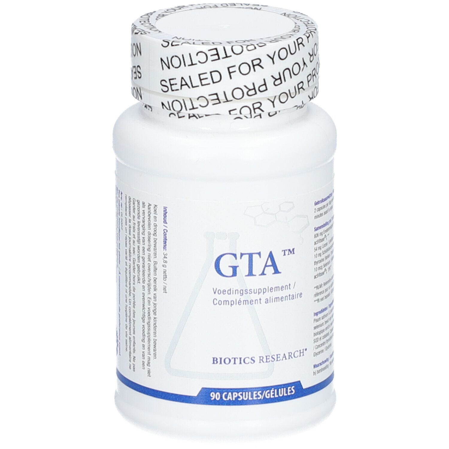 Flacone bianco con capsule. Scritta: GTA™, Voedingssupplement/Complément alimentaire, BIOTICS RESEARCH. 90 capsule.