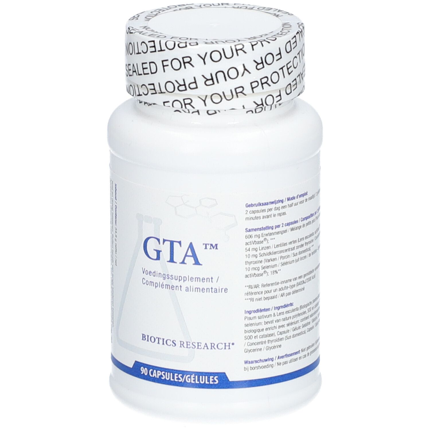 Flacone bianco con capsule. Scritta: GTA™, Voedingssupplement/Complément alimentaire, BIOTICS RESEARCH. 90 capsule. Testo.
