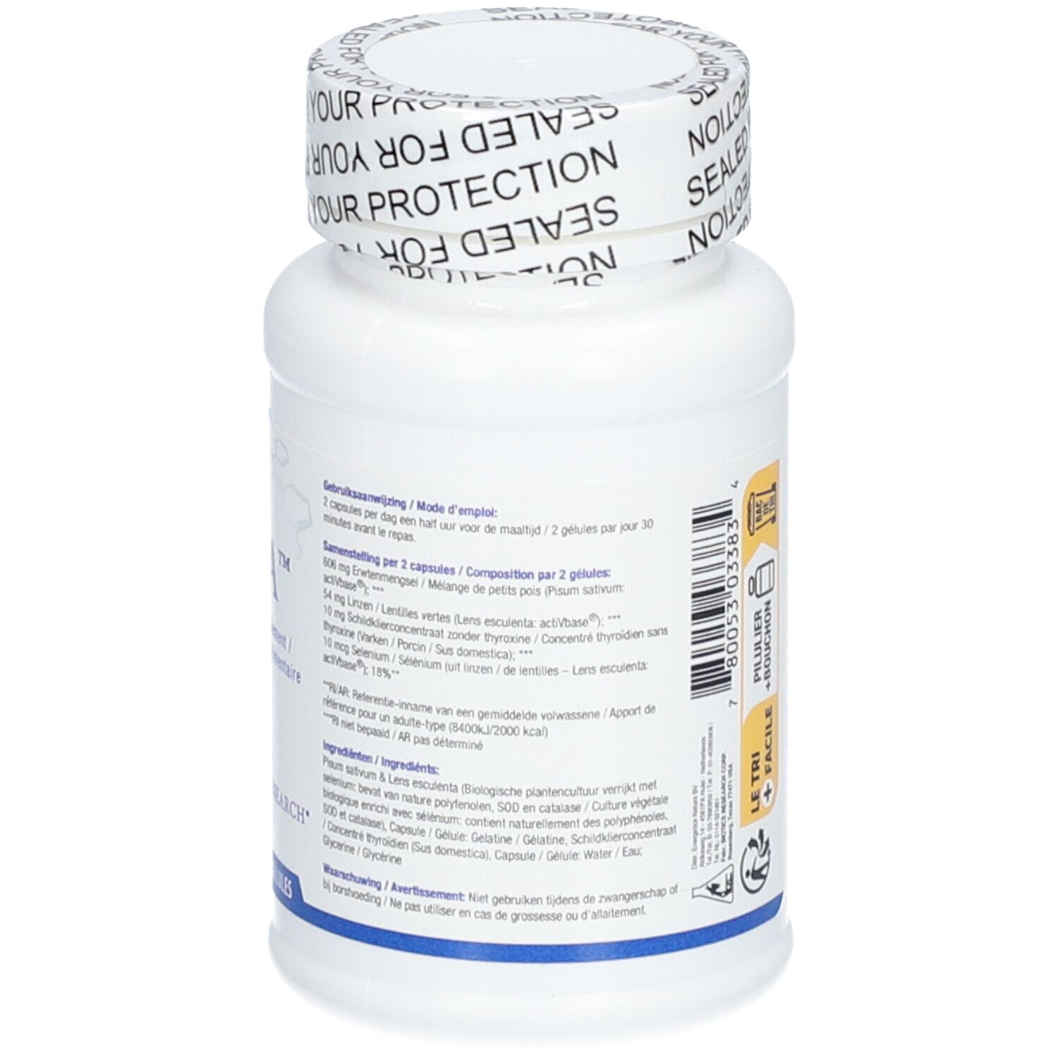 Flacone bianco con capsule. Scritta: GTA™, Voedingssupplement/Complément alimentaire, BIOTICS RESEARCH. 90 capsule. Testo.