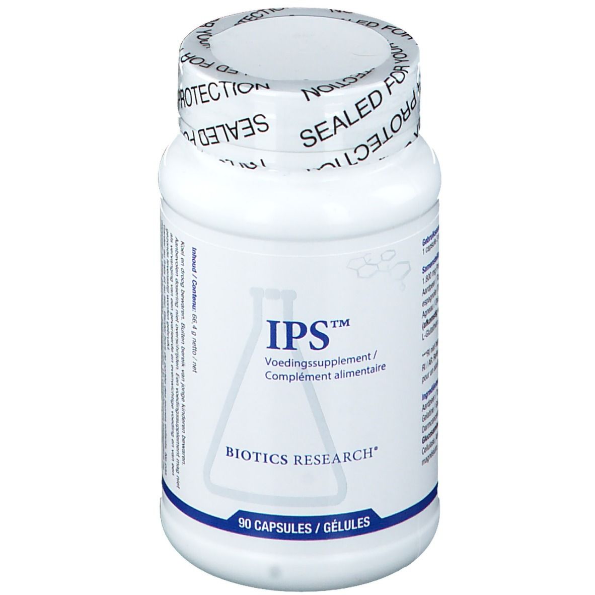 Flacone bianco con capsule. Scritta IPS, Voedingssupplement/Complément alimentaire. 90 capsule. BIOTICS RESEARCH.