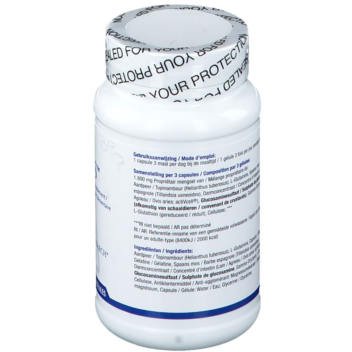 Retro del flacone bianco con capsule. Testo in olandese e francese. BIOTICS RESEARCH. Codice a barre.