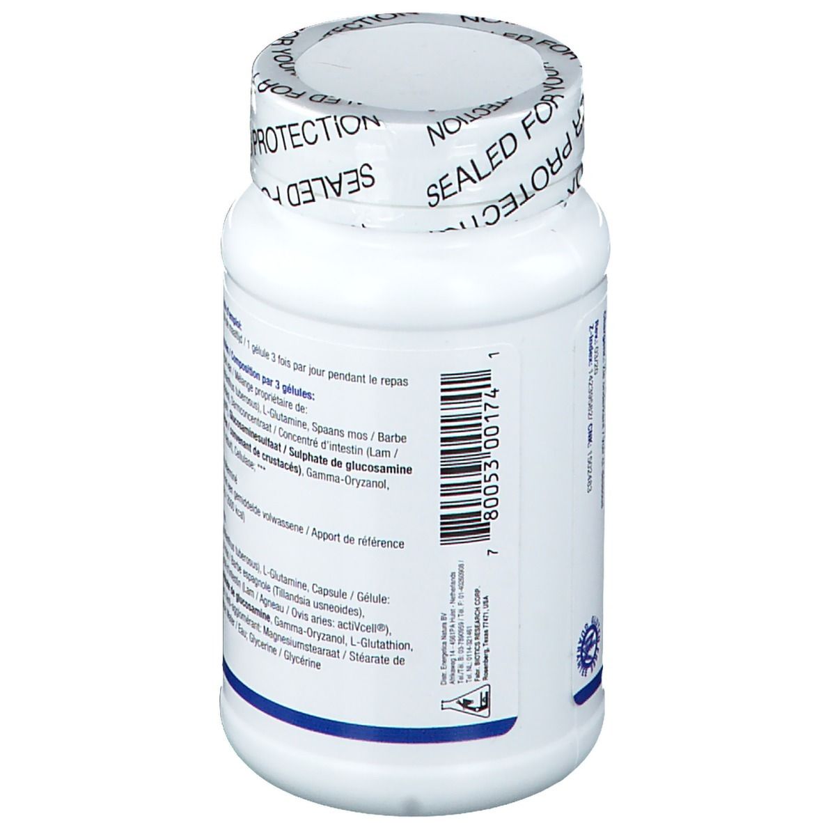 Retro del flacone bianco con capsule. Testo in olandese e francese. Codice a barre. BIOTICS RESEARCH.