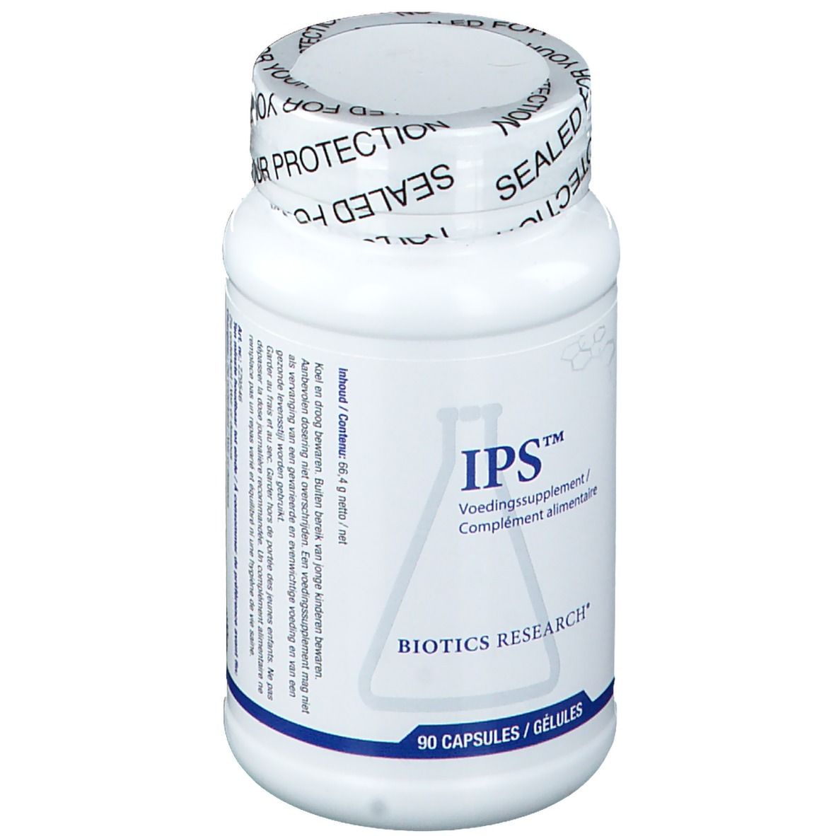 Flacone bianco con capsule. Scritta IPS, Voedingssupplement/Complément alimentaire. 90 capsule. BIOTICS RESEARCH.