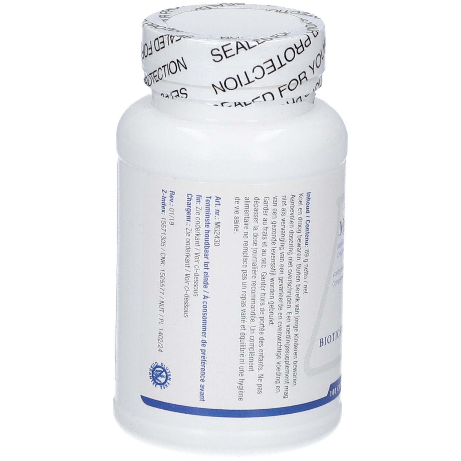 Retro del flacone bianco. Informazioni testuali. BIOTICS RESEARCH.