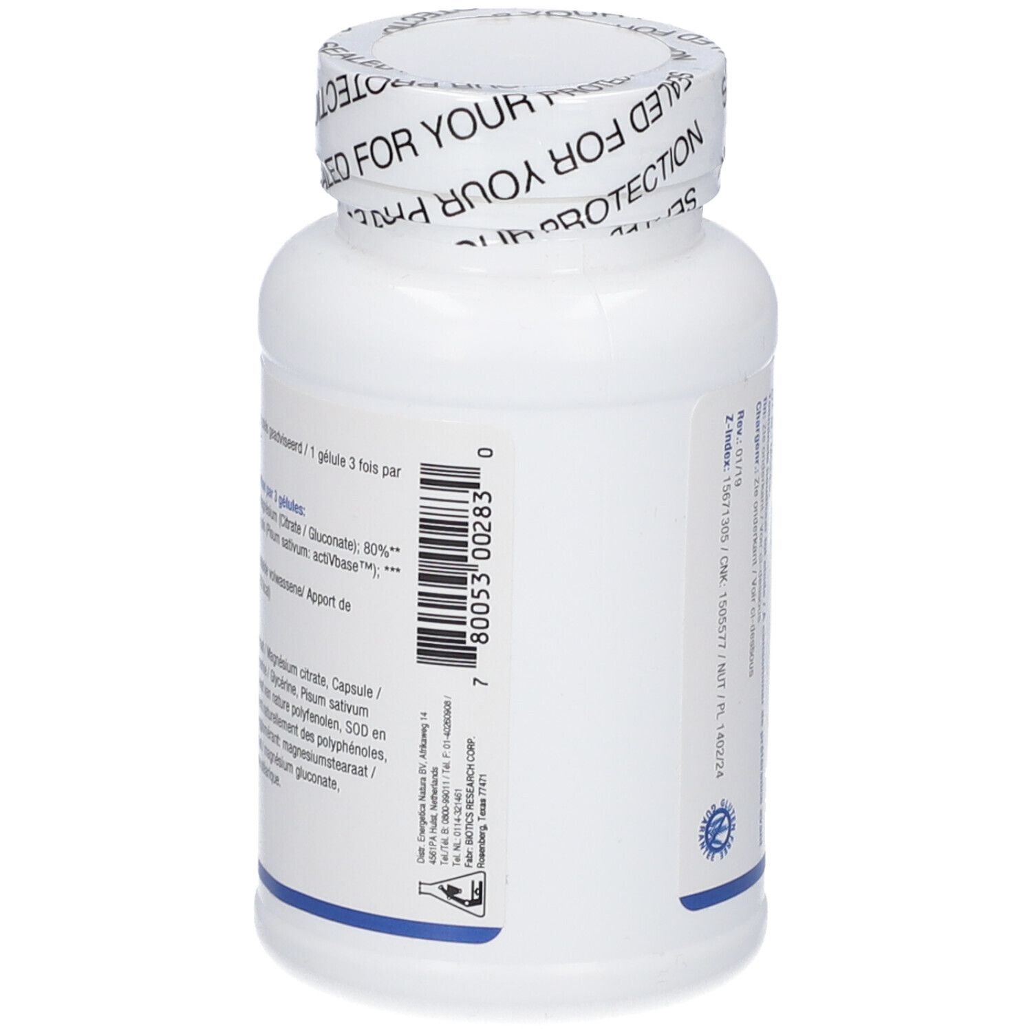 Flacone bianco con codice a barre. Informazioni testuali. BIOTICS RESEARCH.